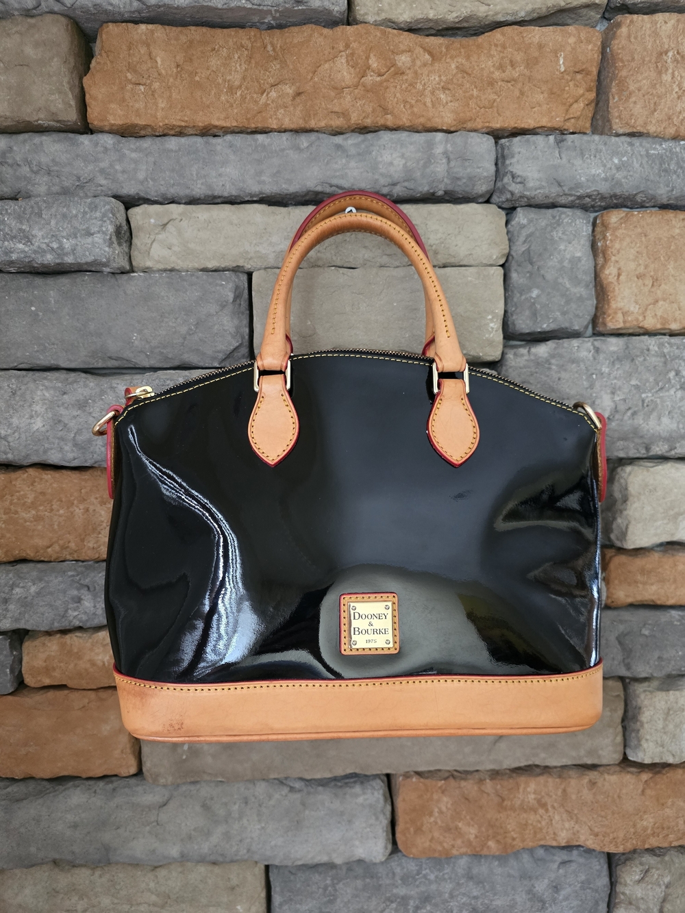 DOONEY & BOURKE Black Patent Leather Domed Satchel Tan Trim *Please Read*